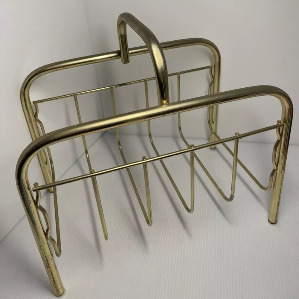 vintage mid century Brass Metal Gold Tone Magazine Newspaper Rack Organizer